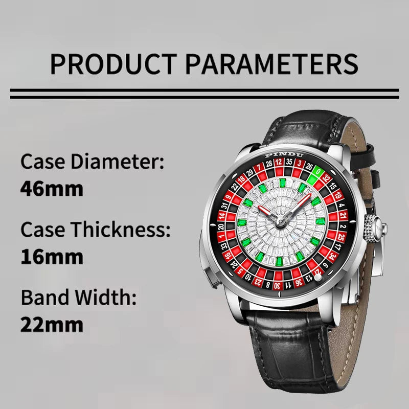 Men's PINDU Gambling Table Button Style Automatic Rotating Diamond Luminous Roulette Watch