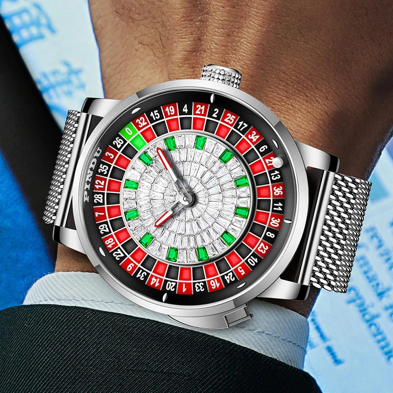 Men's PINDU Gambling Table Button Style Automatic Rotating Diamond Luminous Roulette Watch