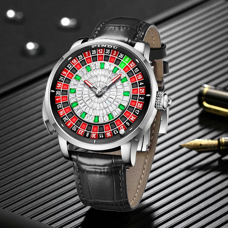Men's PINDU Gambling Table Button Style Automatic Rotating Diamond Luminous Roulette Watch