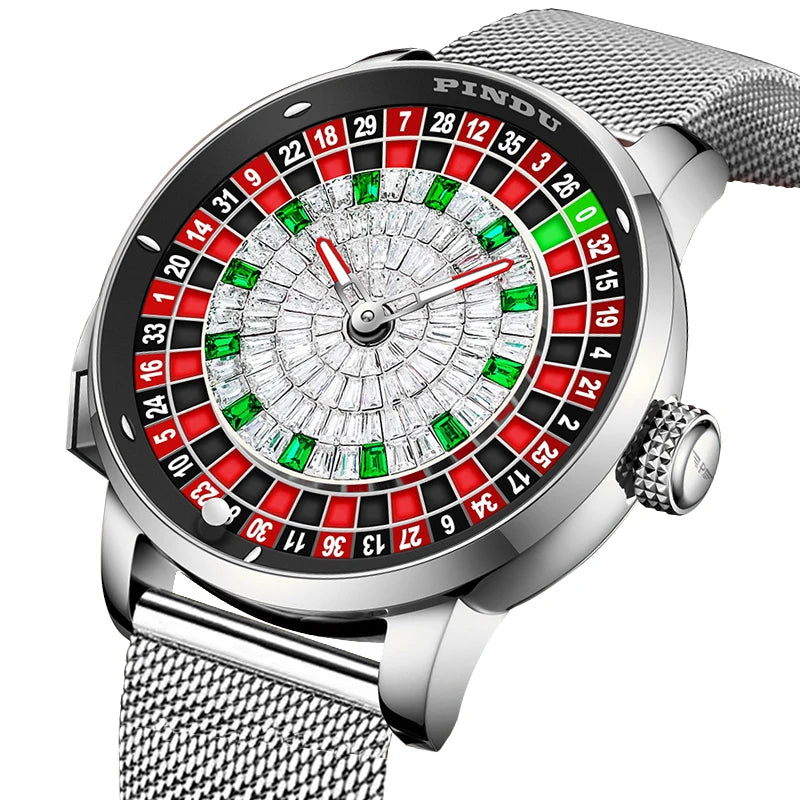 Men's PINDU Gambling Table Button Style Automatic Rotating Diamond Luminous Roulette Watch